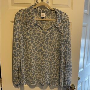 CAbi Pale Blue Leopard-Print Long Sleeve Blouse